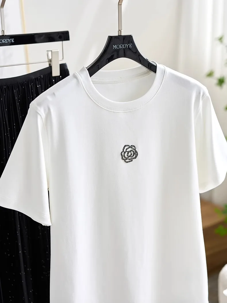 

Elegant High-Aesthetic Camellia Embellished Sequin High-Yield Cotton Short-Sleeve White T-Shirt Women's Summer Top