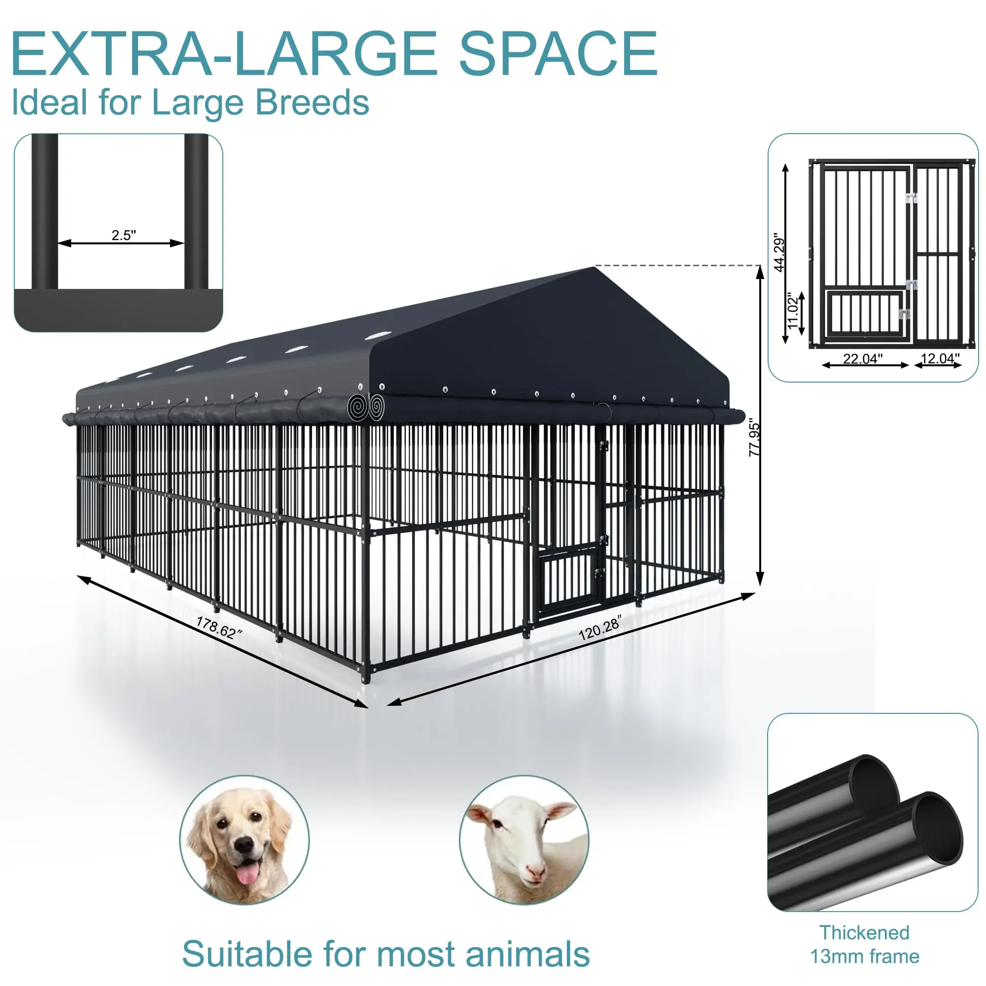 10x15x6 FT Dog Kennel, Outdoor Dog House with Roof All Weather Resistant Large Dog Enclosure Cage with Triple Locks