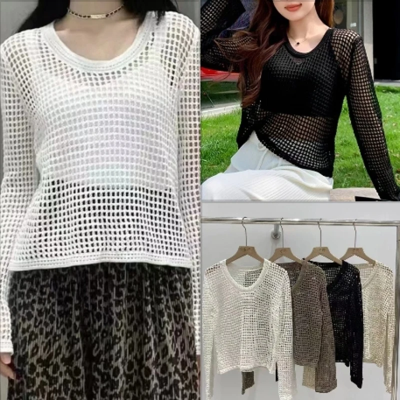 Hollow Out Knitted T-shirt Women Thin Long Sleeve Loose Fit Top Cover Sunscreen Clothes