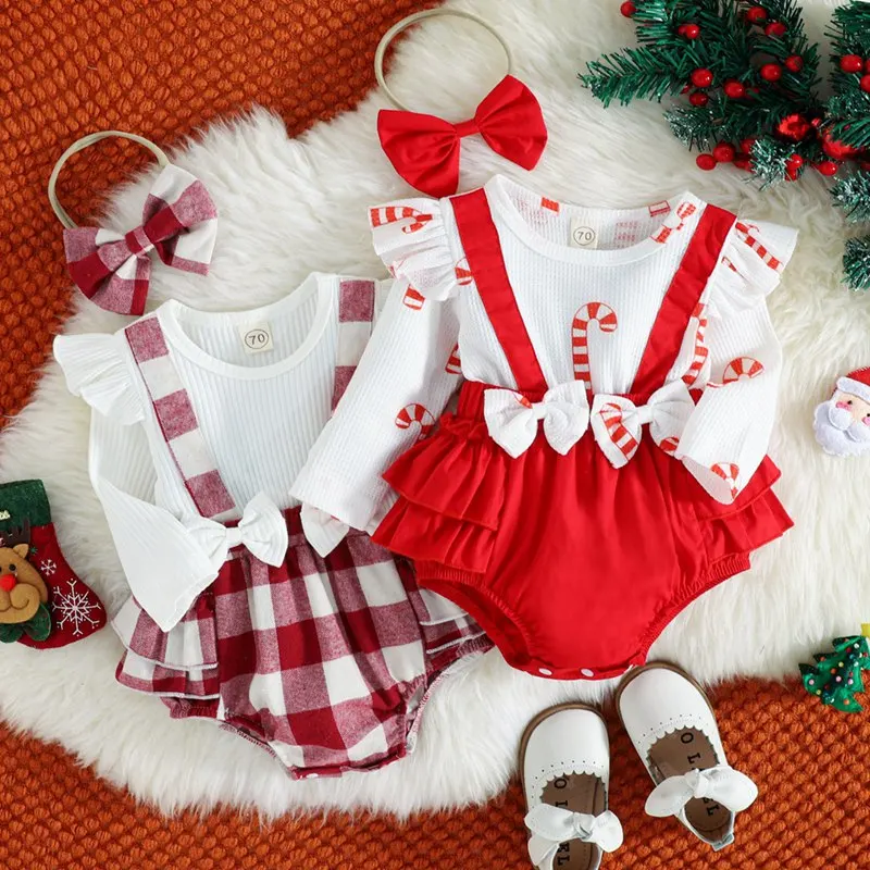 Christmas Baby Clothes Long Sleeve Red Plaid Romper Dress Newborns Christmas Dress Hairband Costume New Year Baby Clothes