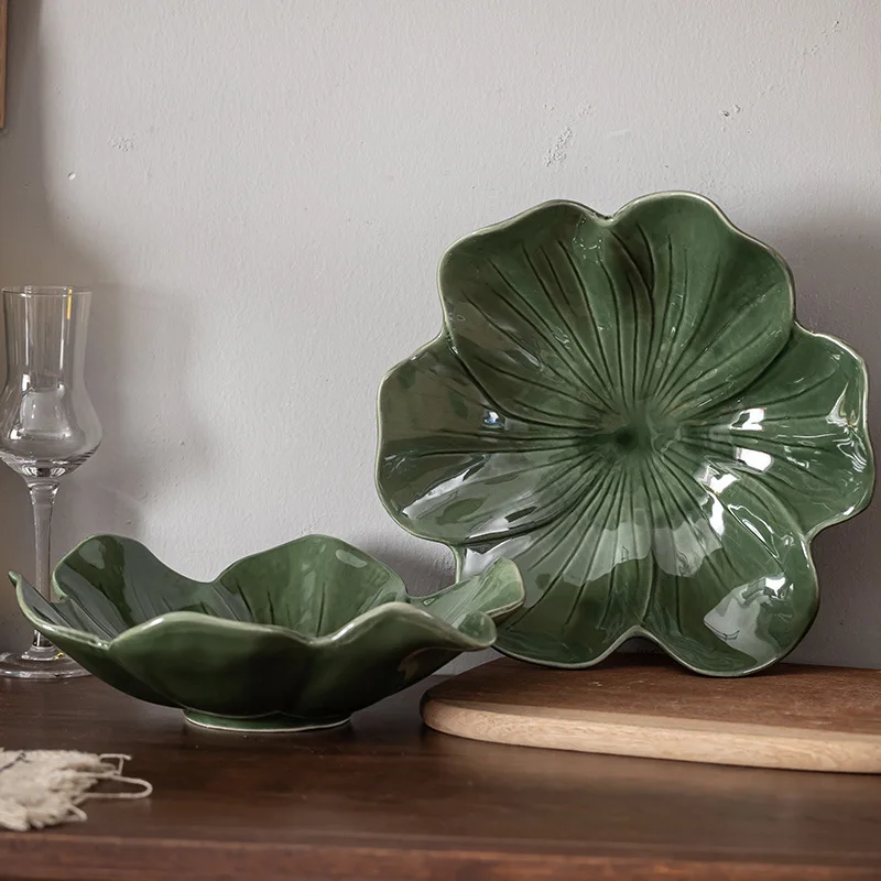 Vajilla de Cerámica con Diseño de Pétalos Verde Oscuro, Artículos para el Hogar, Cocina y Comedor, Postres, Ensaladas, Dulces, Ingredientes, Platos