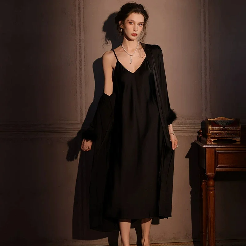 Femmes vêtements de nuit 2 pièces Patchwork dentelle à manches longues ceinturé Robe chemise de nuit col en V Slip Robe de nuit Sexy élégant femmes pyjamas ensembles