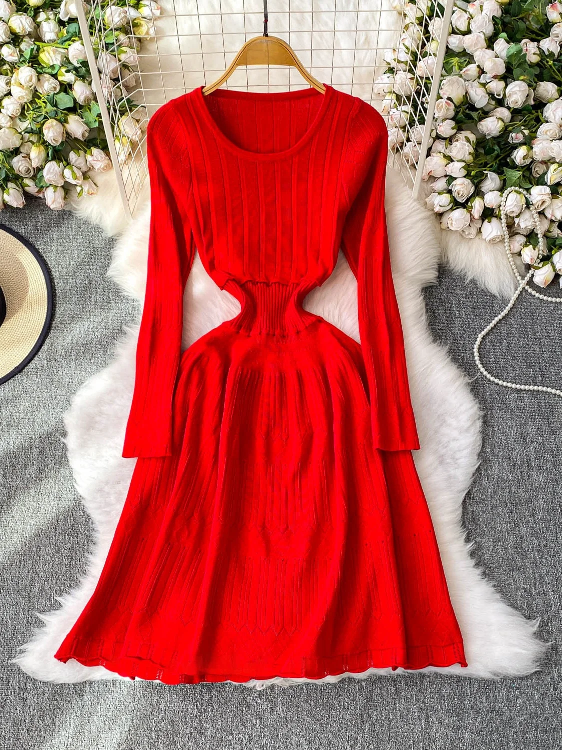 Vestido de Suéter de Malha de Manga Longa com Decote Redondo Rosa para Mulheres, Vestido de Camada Base com Cintura Psada ...