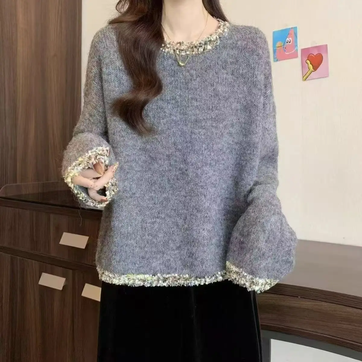 

French-style Small-chic Round-neck Knitted Sweater with Sequins Gray Thickened for Autumn and Winter Loose-fitting Lazy-style
