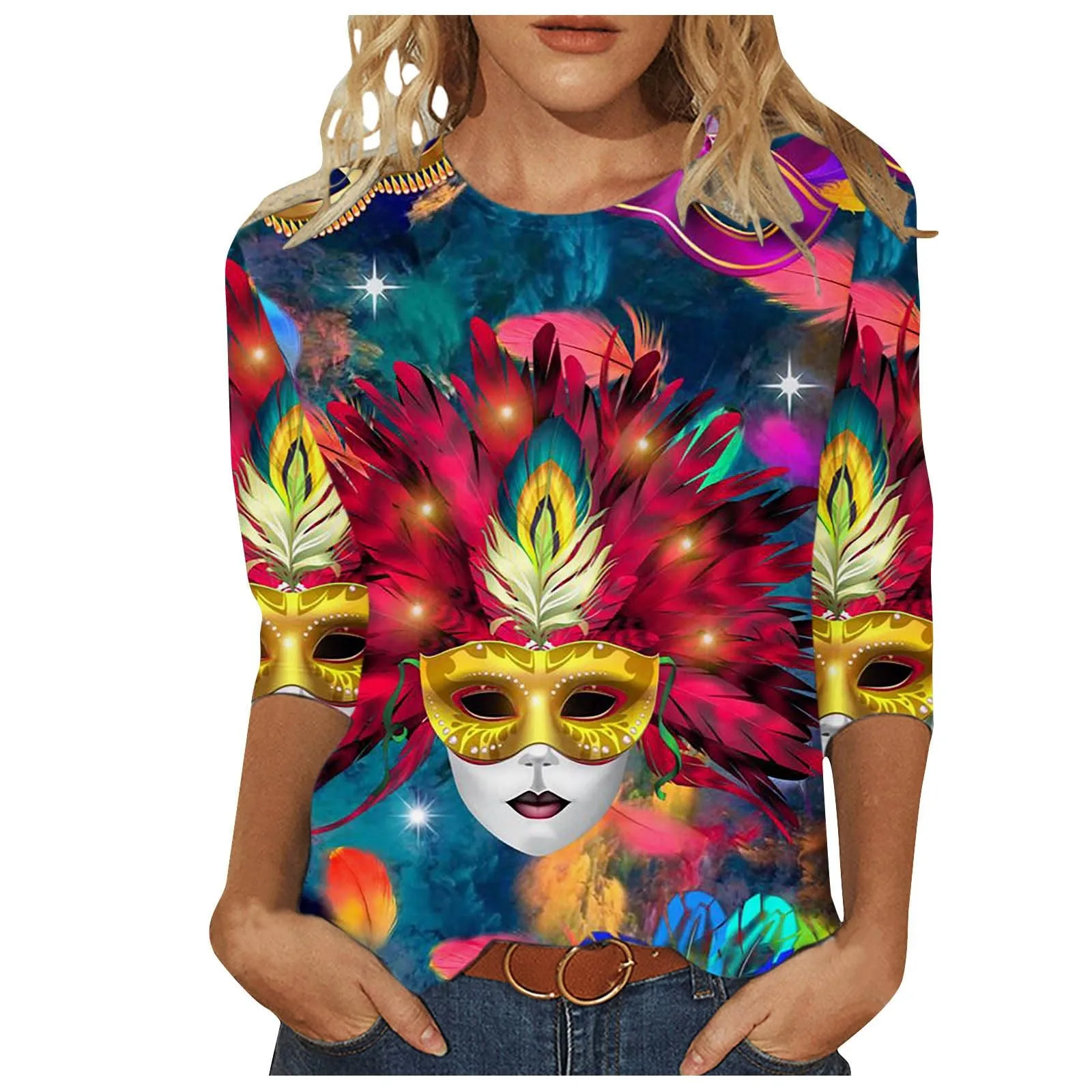 

3/4 Sleeve Tops For Women Fashion Trend Carnival Graphic Print Pullovers Tops Daily Casual Round Collar Plus Size Tops