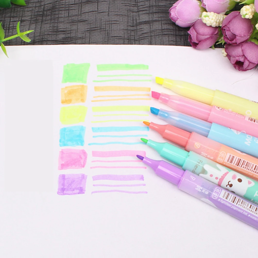 

6pcs Double-Head Fluorescent Watercolor Highlighter Pens Smooth Writing Crisp Lines Wide Oblique Round Tip Diy Planner Greeting