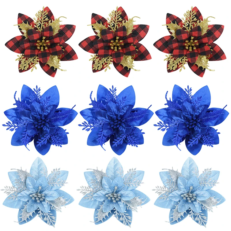 5PC Glitter Blue Red Christmas Flower Xmas Tree Ornaments Artificial Flower Head Christmas Decoration Home New Year Navidad Gift