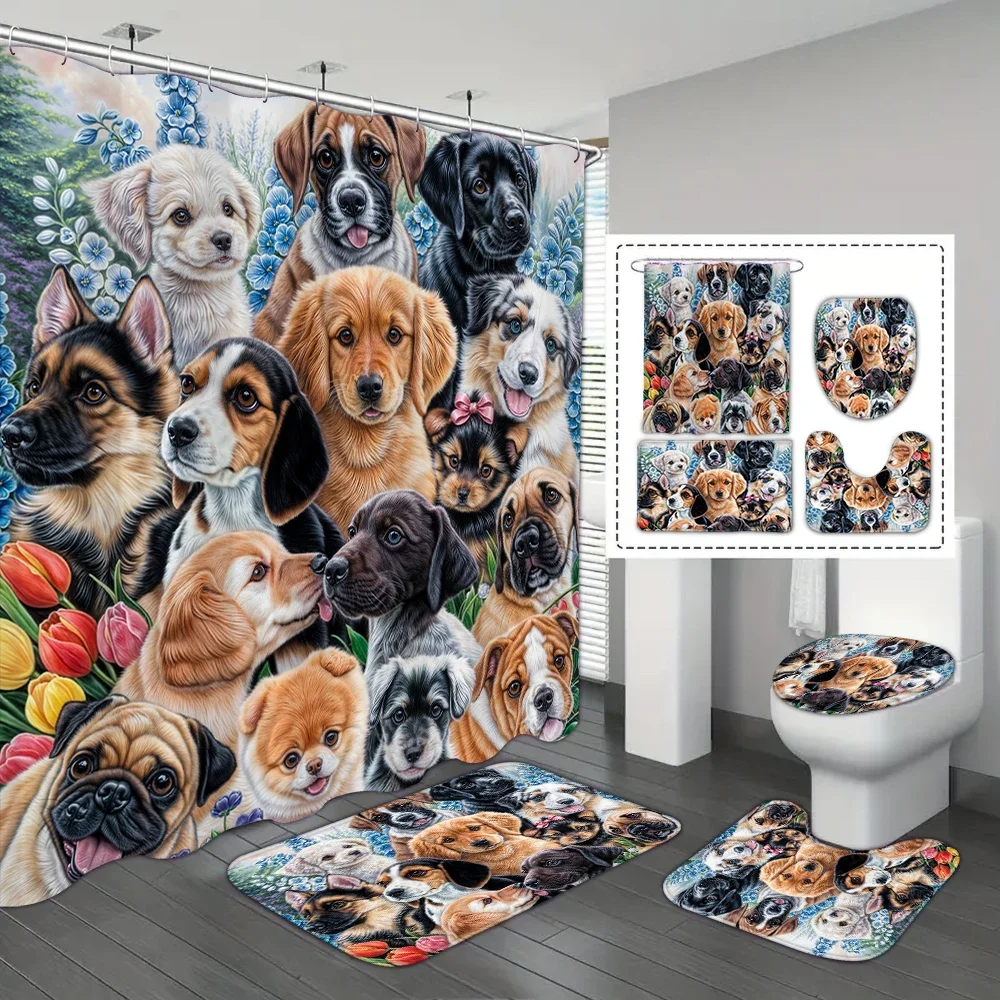 4-piece set of Cute little dog kitten waterproof shower curtain with 12 hooks, waterproof printed curtain, bathroom floor mat