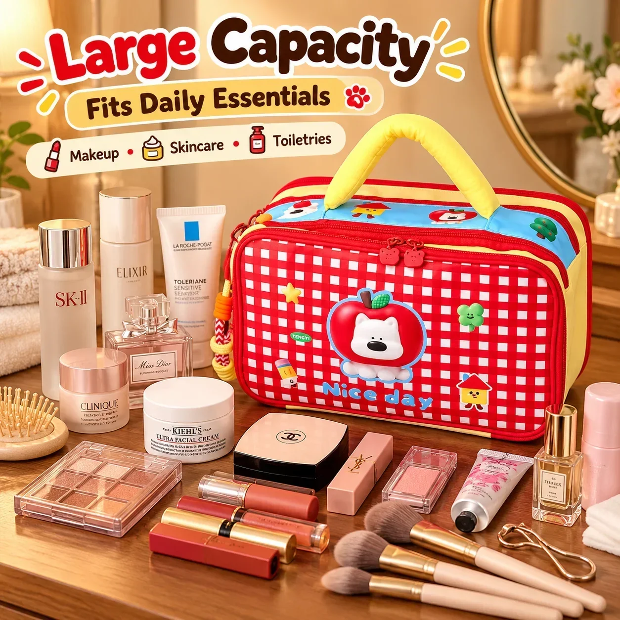 Dog Makeup Bag with Dividers, Large Capacity Cosmetic Storage, Portable Travel Toiletry Pouch, Handheld Bag