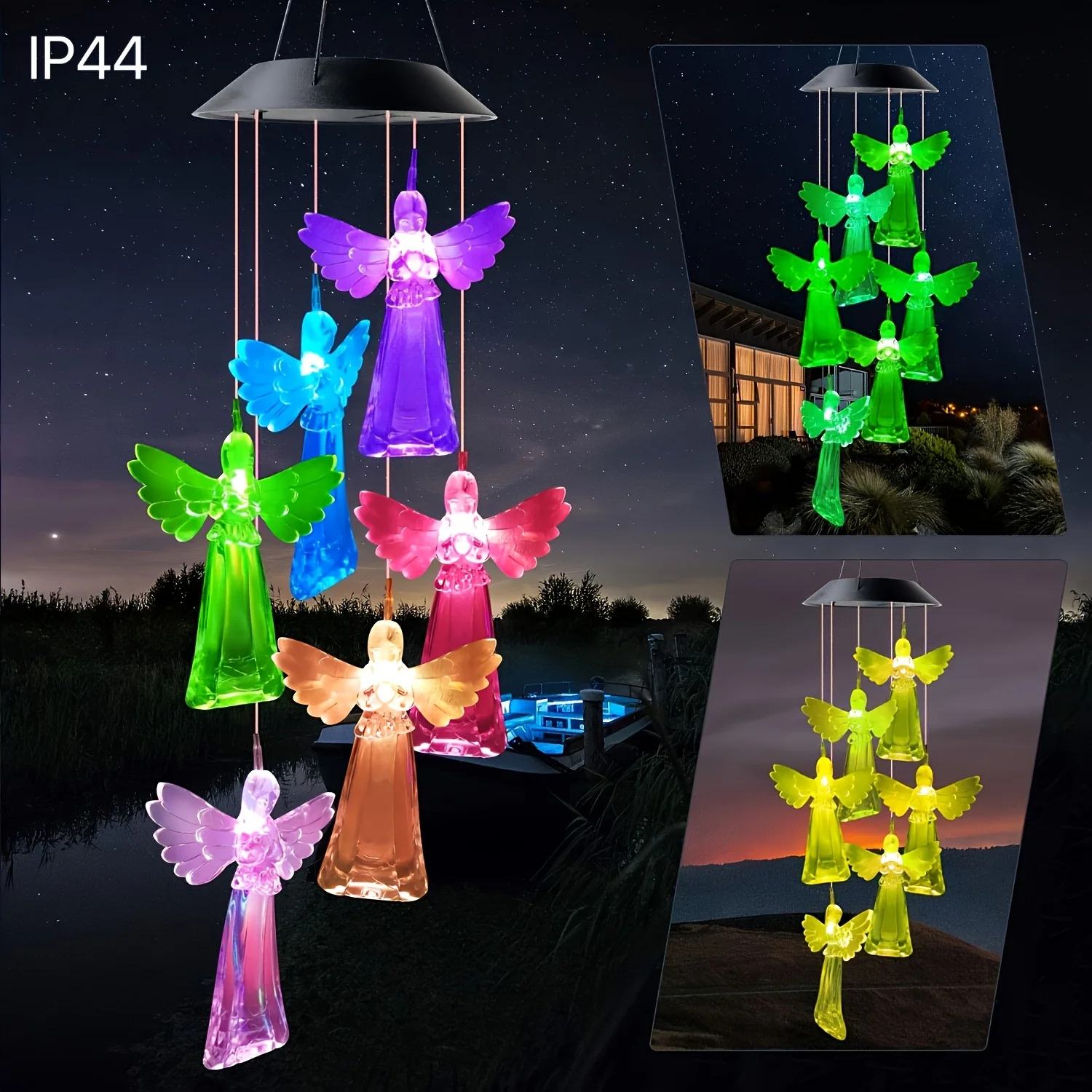 Solar Wind Chime Lights, Angel Chandelier, Color-Changing LED Outdoor Decorative Hanging Lights, Solar Garden Lights for Gardens
