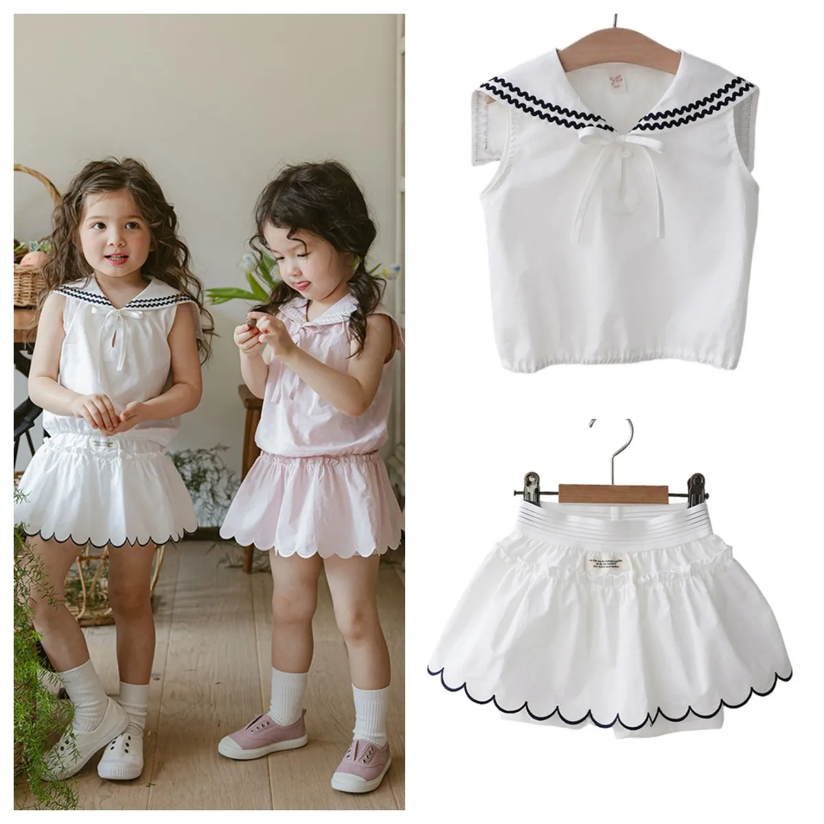 

Летний новый корейский комплект для девочек 2026: милая блузка без рукавов с бантом и кружевные кюлоты для малышей