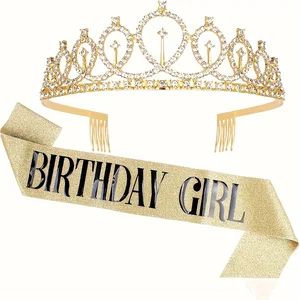 بلينغ حجر الراين كريستال تاج عيد ميلاد الديكور سعيد 18 21 30 40 50 عيد ميلاد الساتان وشاح اللوازم الحزب أفضل 12 تاج مبيعات 50 عاما - رقم 5