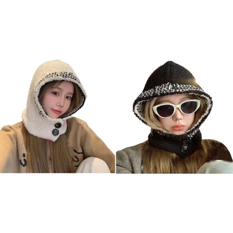 

Women Winter Colorblock Knit Furry Balaclava Hat Soft Fleece with Button