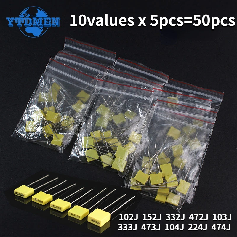 

50PCS 100V Capacitor assorted kit 102J~474J Polypropylene Film Capacitors Kit 102J 152J 332J 472J 103J 333J 473J 104J 224J 474J