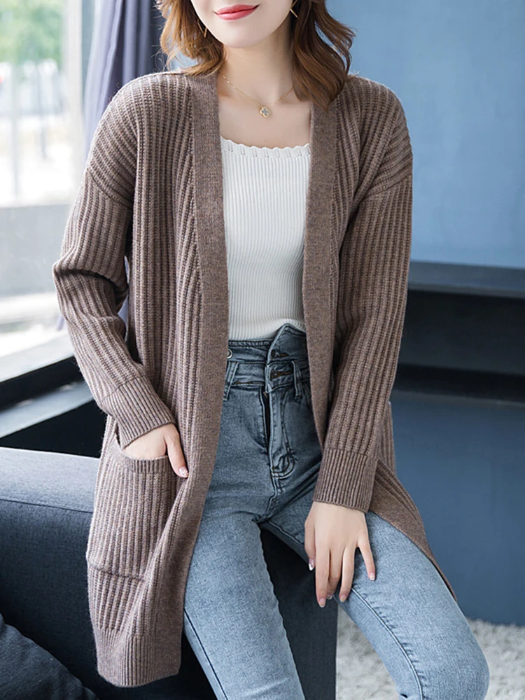 Oversize 5xl Loose Mid Length Cardigan Sweater Solid Color Simple Soft Long Sleeve Pockets Knitted Jackets Casual Streetwear Top