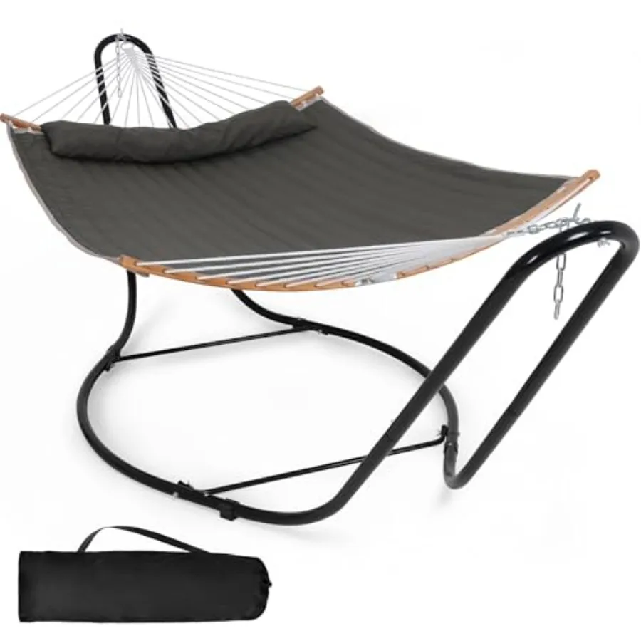 Double Hammock with Curved Spreader Bar for Outdoor Use, Polyester Fabric, Dark Gray, Easy Setup with Stand Included