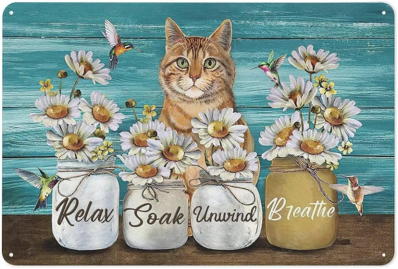 Retro Metal Tin Sign Farmhouse Daisy Cat Bathroom Decor Wall Art Rustic Hummingbird Floral Pictures Wall Decor Relax Soak Unwind