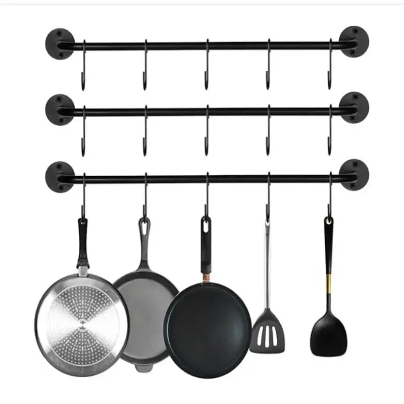 Wall Mounted Metal Coffee Cup Holder 6 Hooks Rustic Black For Kitchen Restaurant Coffee Bar