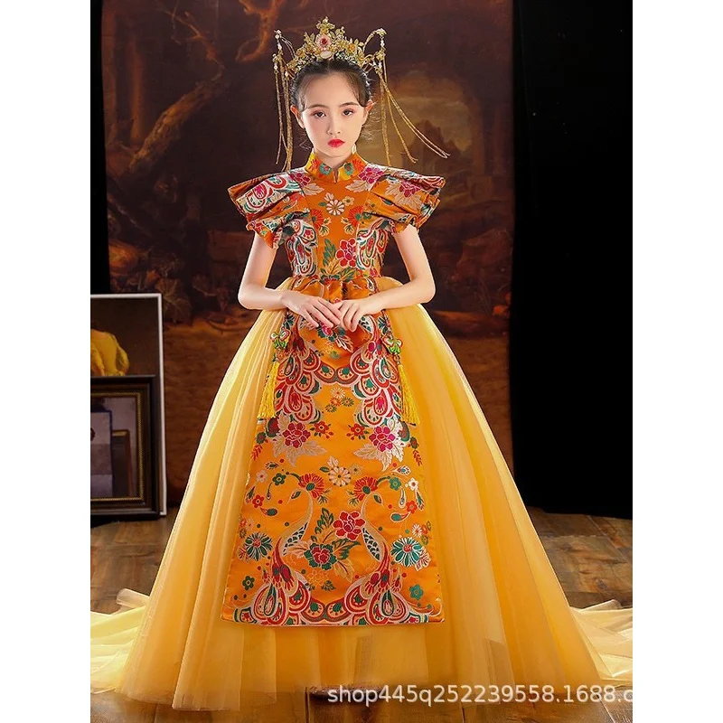 Girls' Chinese Style High-End Fashion Show Dress2023New Children's Trailing Princess Dress Chinese Style Little Host Autumn Wint