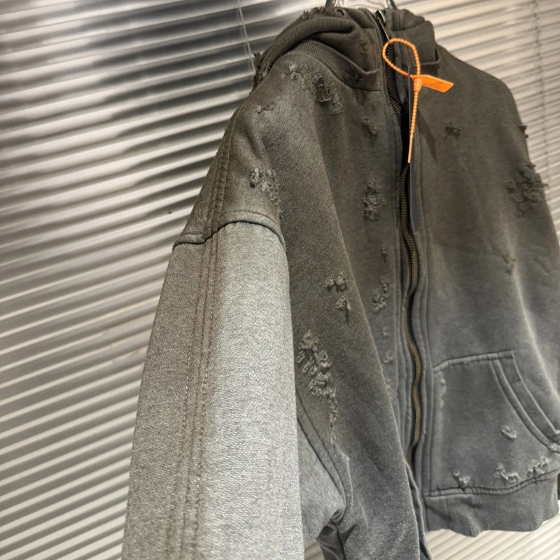 26ss Washed Zip Hoodies High Street Distressed Hip Hop Retro Men's Women's Hoody Sweatshirt