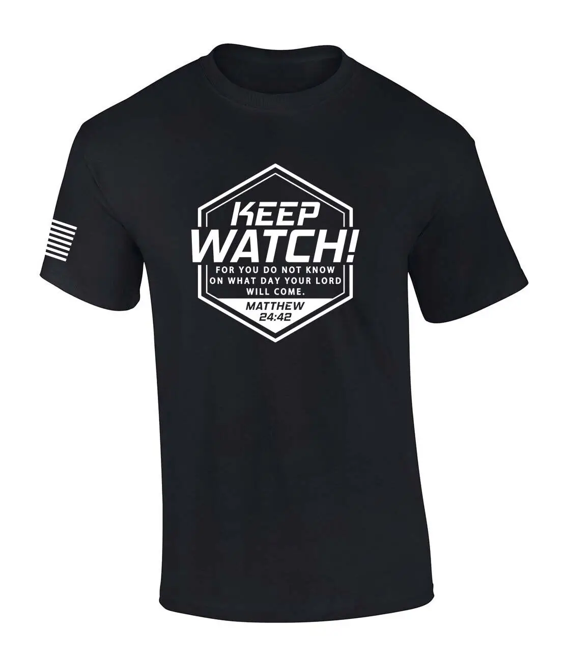 Mens Christian T Shirt Keep Watch Matthew 24 42 Scripture American Flag Sleeve