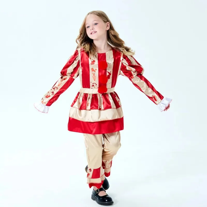 키즈 코스프레 소녀 코스프레 드레스 공포 광대 칼라 할로윈 카니발 파티 코스프레 소녀 레드 그레이 의상