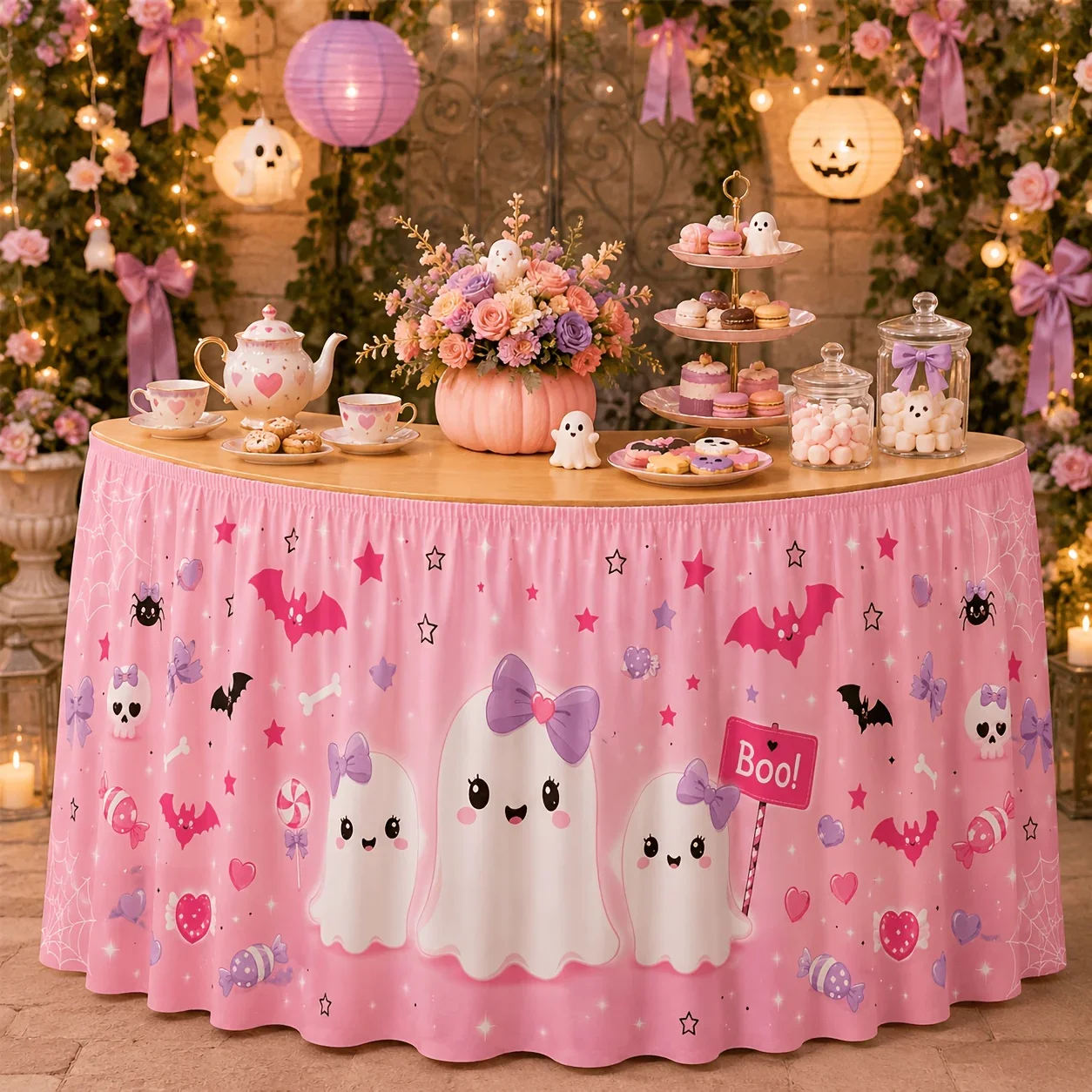 One tablecloth or table skirt, polyester pastel pink Halloween decoration, Halloween