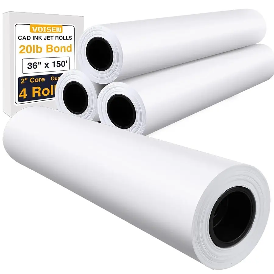 Wide Format Paper,4 Rolls Plotter Paper 36 In x 150 Ft, 20lb CAD Bond Rolls on 2 Core for CAD Printing on Wide Format Ink Jet Pr
