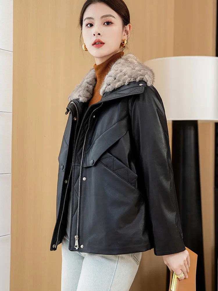 Piumino invernale da donna in vera pelle, collo in pelliccia di visone di lusso, cerniera, capispalla casual caldo, giacca da donna in pelle di pecora streetwear