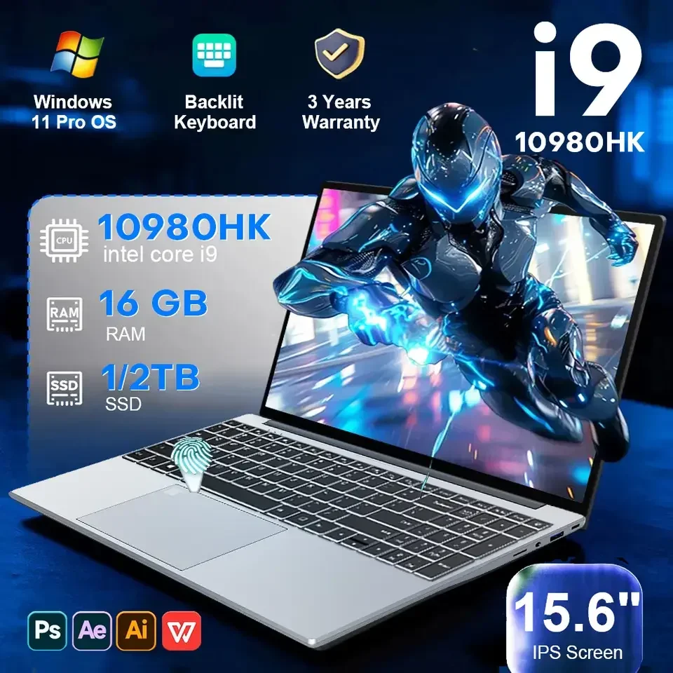 Laptop para jogos de 15.6 polegadas com Intel Core i9 10980HK, Windows 11, 16GB de RAM, SSD de 1TB, desbloqueio por impressão digital, teclado retroiluminado, computador para escritório.