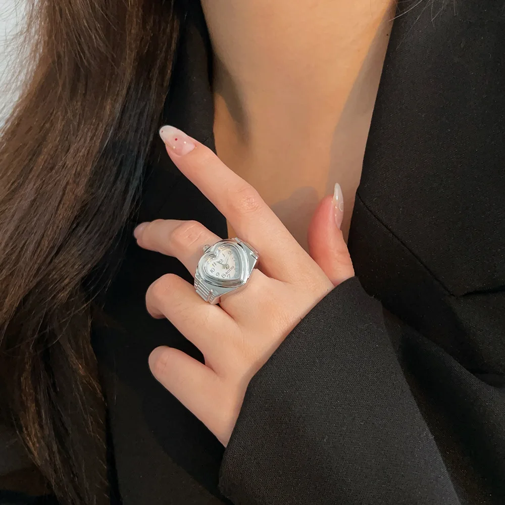 Fashion Heart Shaped Real Watch Rings for Women Men Gold Silver Color Stainless Steel Watch Case Quartz Movement Battery Clock