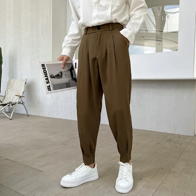 

New Fashion Spring Summer Pants Men Tapered Bottom Slit Trousers Korean Style White Khaki Black Elastic Waist Casual Pants Man