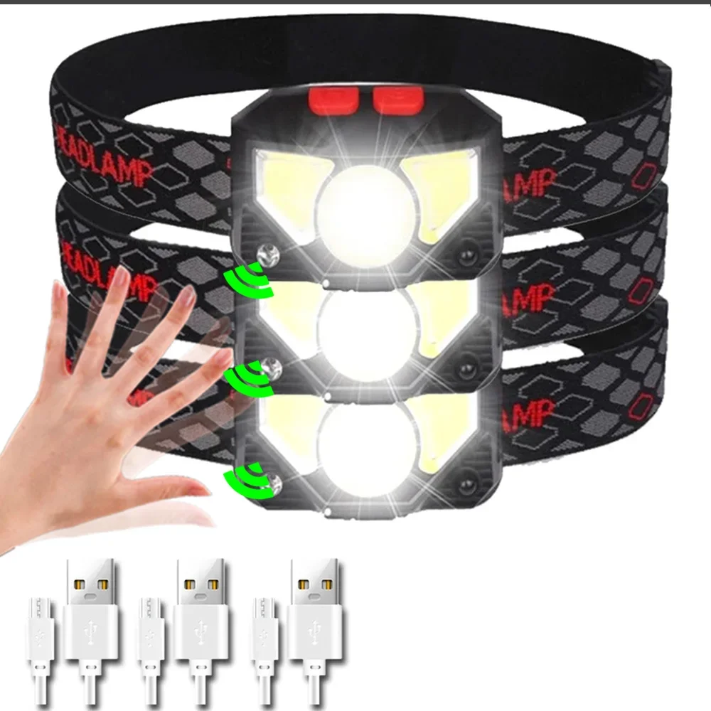ESMARTER 6 Modi Bewegungssensor XPE + COB LED-Stirnlampe Taschenlampe USB wiederaufladbar Wasserdicht Camping Stirnlampe Laufen Angeln Scheinwerfer 3