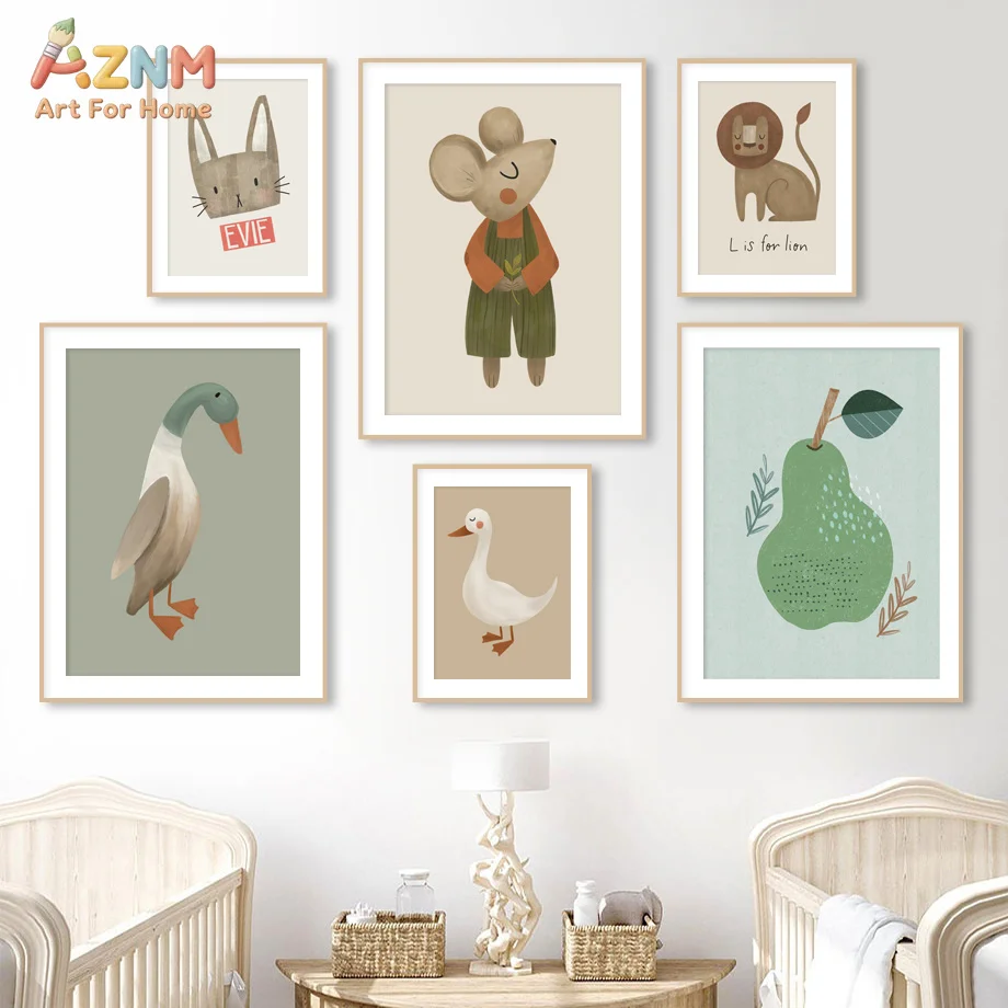 AZNM Neutral Watercolor Woodland Animal Pear Canvas Wall Art Print, Mouse Lion Duck Cat Soft Pastel Minimalist Nursery Kids Room