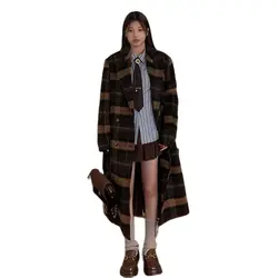 Retro Plaid Coat Women's Autumn And Winter High Sense New Temperament Woolen Fashion Long Brown Woolen Warm Coat Tide