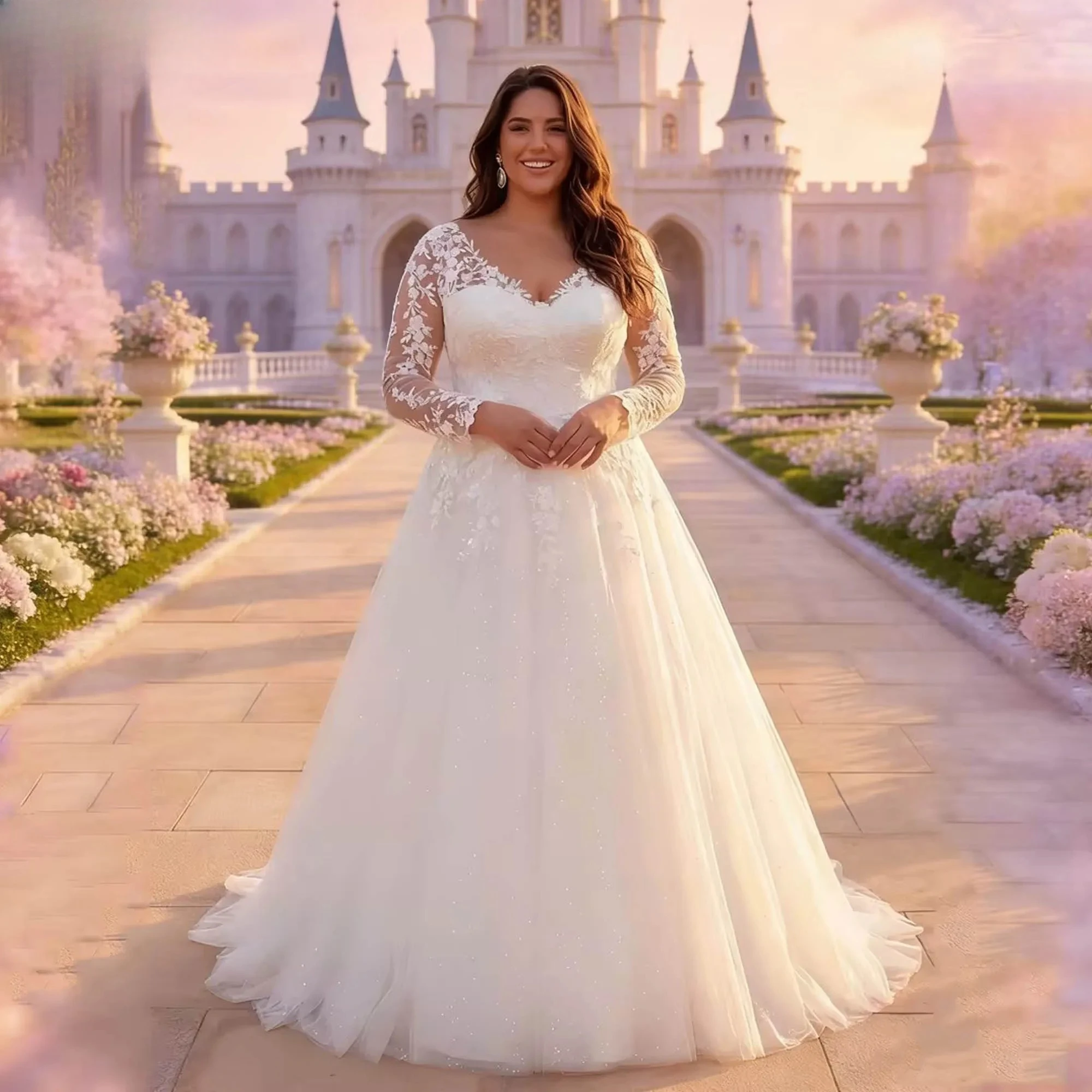 

Tulle Appliques Wedding Dresses Women Long Sleeves A-line V-neck Plus Size Princess Bride Gowns 2026 Vestido De Novia Customized