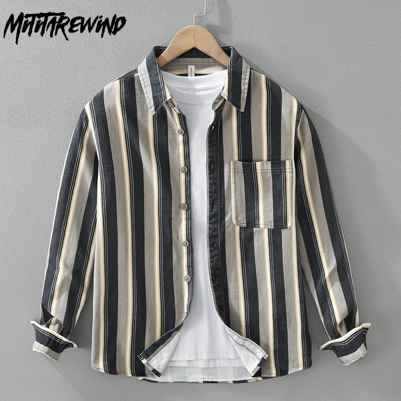 

Японские винтажные полосатые рубашки для мужчин, весна 2024, новая мужская рубашка с длинным рукавом, повседневные топы из чистого хлопка, рубашка с карманами и пуговицами с лацканами