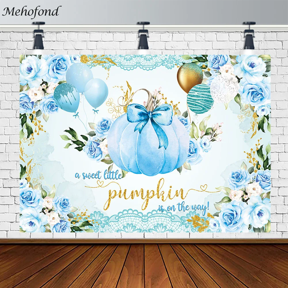 

Mehofond Baby Shower Backdrop A Sweet Pumpkin Is on The Way Blue Balloons Flowers Child Birthday Party Decor Photobooth Props