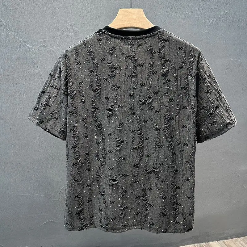 Summer Trendy Ripped Fashion Casual Niche Loose Round Neck Short-sleeved T-shirt Individual Men's Top