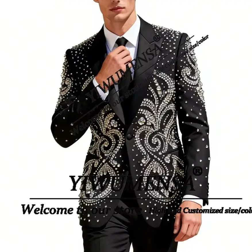 

Luxury Beaded Stones Groom Wedding Tuxedos Customized Single Breasted Jacket Pants 2 Piece Set Man Banquet Party Attire Slim Fit