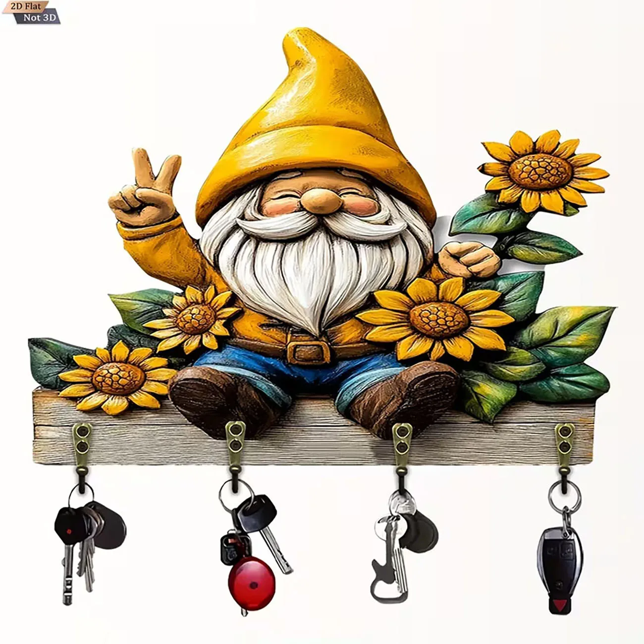 Wooden Gnome Sunflower Key Holder Wall Decor 2D Flat Cute Gnome Pattern 4 Hooks Key Rack for Entryway