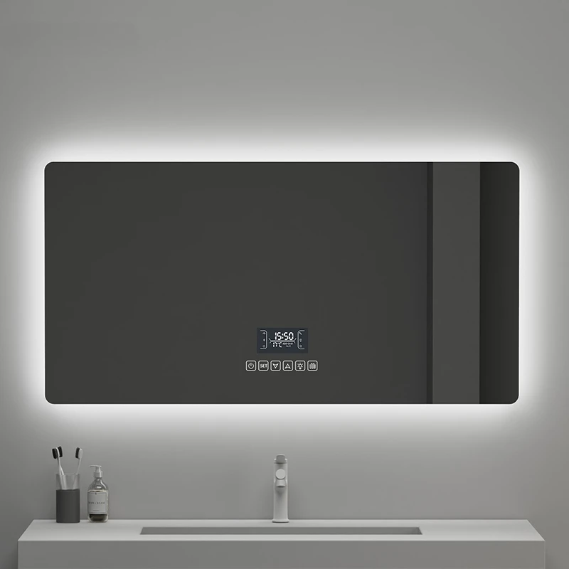 Specchio decorativo quadrato intelligente per la camera da letto dell'hotel, specchio da bagno a LED, retroilluminazione regolabile a 3 colori, rilevamento del corpo umano