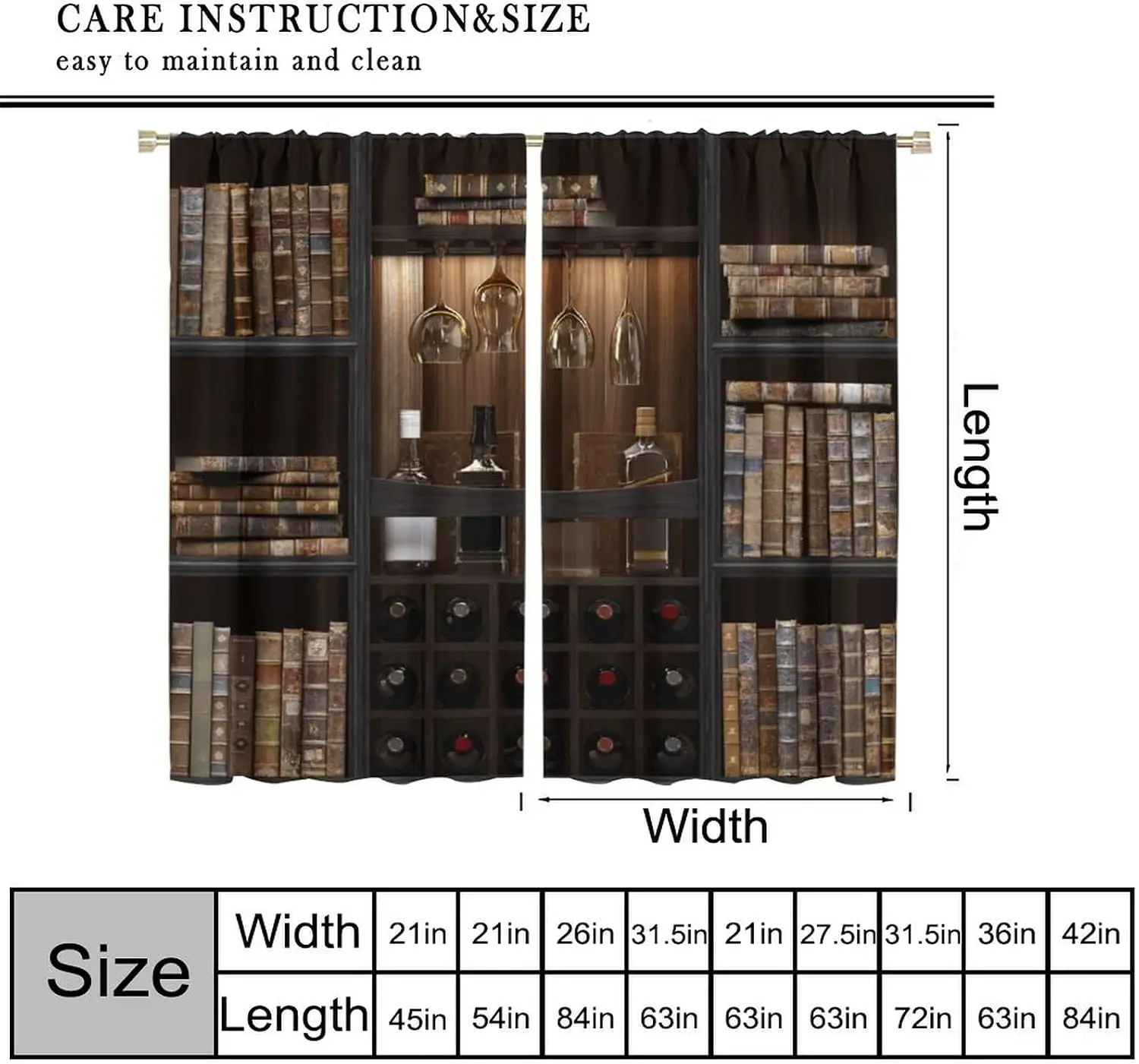 Retro Wine Book Cabinet Theme Curtain 2 Panels Dark Cube Wood Base Aged Book Goblet Wine Bottle Print Window Curtain Bar Lounge