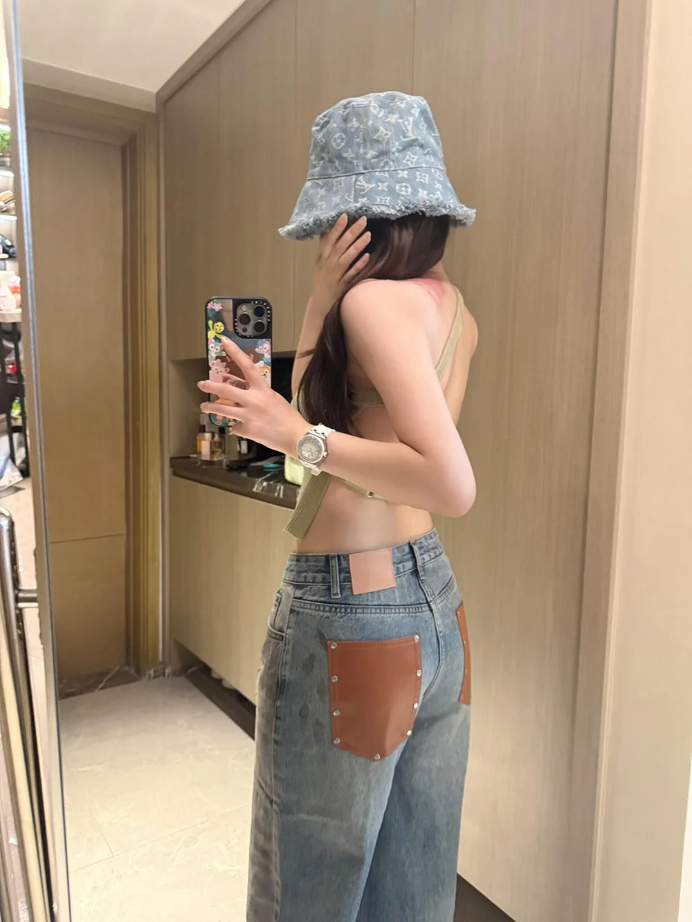 Retro Faded Rivet Leather Pocket High Waist Straight Leg Denim Jeans Women's Loose Wide Leg Pants Long Trousers Autumn Cotton