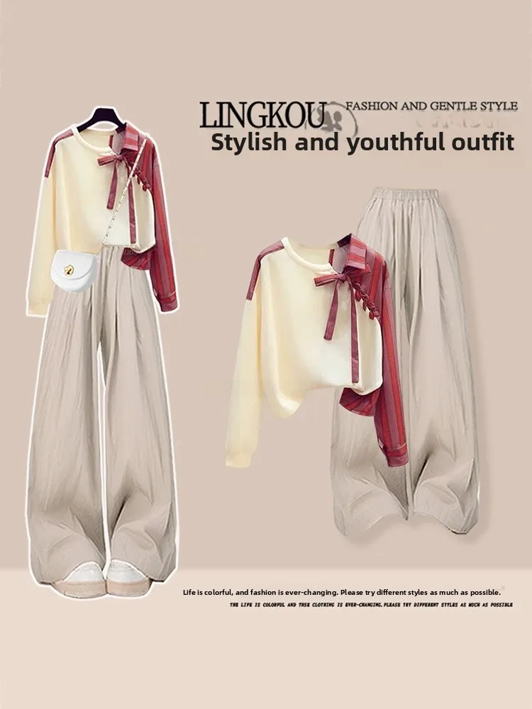 

plus Size Autumn High-End Feeling Set Women Matures Style Color Block Slim Top Match Korean Wide Leg Casual Pants Two Pieces Set