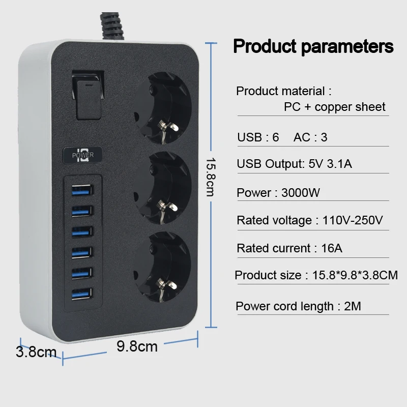 

16A EU Plug Power Socket Strip with 3 Outlets 6 USB 3.1A 3000W Network Filter Overload Protection Multiprise AC110 220V Socket