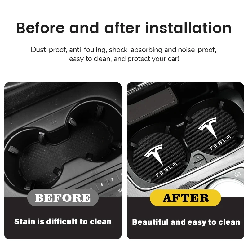 For 2Pcs Water Cup Mats Car Logo Leather Mats Noise Reduction Tesla Model 3 Y S X Cybertruck Juguete Roadster Coil Bonina view 3