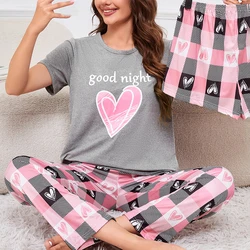 Damski top z krótkim rękawem i okrągłym dekoltem z szortami i spodniami 3-częściowy zestaw piżamy do spania z nadrukiem Nighty Casual Pajama Set