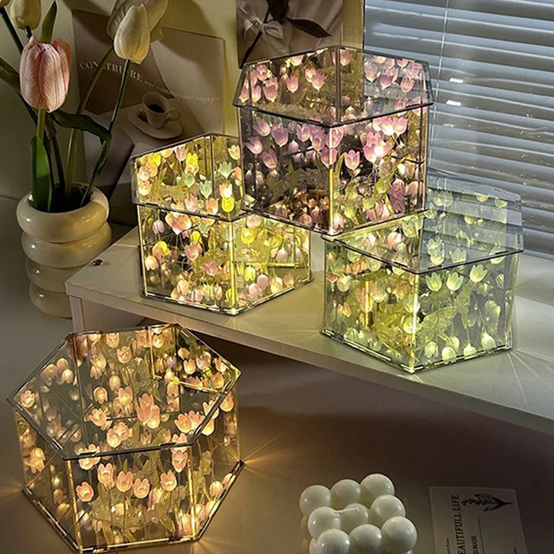 DIY 3D Flower Sea LED Flower Night Light Mirror Bedroom Ornaments Home Decor INS Table Lamps Birthday Bedside Gifts LED꽃