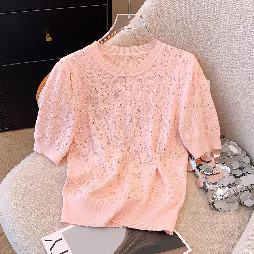 2024 Summer Sweet Thin Peals Beading Bubble Short Sleeve Sweater Women's Knit T Shirts French Gentle Pullover Knitwear Tops Tees